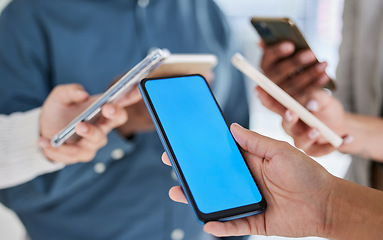 Image showing Green screen, mockup and smartphone in hands, team with marketing and technology, product placement. Business people, diversity and networking, social media and communication, collaboration and ux