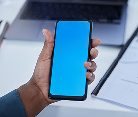 Image showing Green screen, mockup and phone in hand, marketing and technology with product placement and business communication. Black man, networking and ux with email or social media, tech and digital