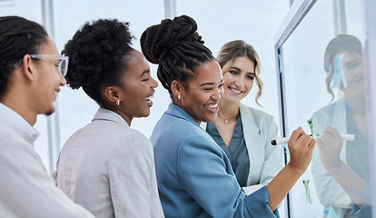 Image showing Laughing, planning and business people with a strategy on a board, meeting and working on a goal. Teamwork, coaching and women employees writing an idea, vision and brainstorming for inspiration