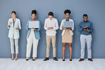 Image showing Business people, waiting or technology in job interview queue, recruitment line or hr row on wall. Diversity, men or women in human resources, hiring or onboarding office on phone, laptop or tablet