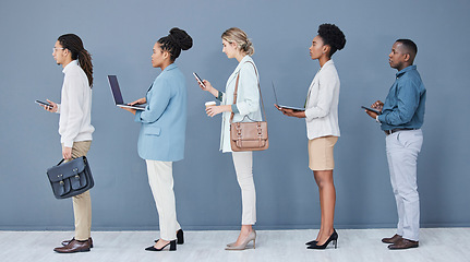 Image showing Business people, diversity and job interview waiting in queue, recruitment line or hr technology row. Vacancy, men and women in human resources, hiring or onboarding office on phone, laptop or tablet