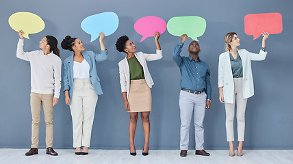 Image showing Speech bubble, feedback mockup and communication with business people for social media, vote and review. Mock up space, chat sign and group of employees with voice, ideas and opinion for branding.