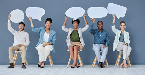 Image showing Speech bubble, mockup and feedback communication with business people for social media, vote and review. Mock up portrait, chat sign and group of employees with voice, ideas and opinion for hiring.