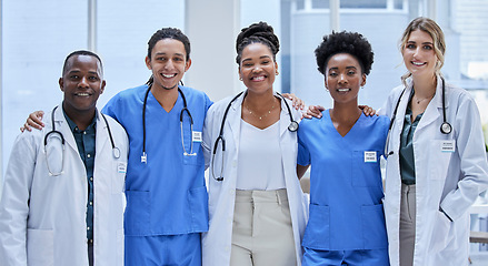 Image showing Team of doctors, diversity portrait and healthcare hospital services, mission and group values. Support, love and nurses or medical professional employees, black woman and face of USA clinic staff