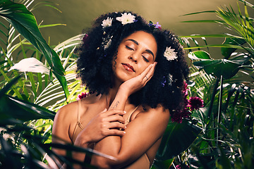 Image showing Beauty, flowers and black woman in studio for wellness, skincare and creative advertising in a jungle. Facial, skin and girl model relax in zen, peace and products from nature, forest and aesthetic