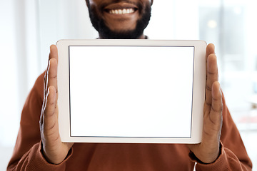 Image showing Tablet, mockup screen and black man smile for website branding, social media and mobile app on internet. Marketing, network and male with empty, blank and copy space of digital tech for advertising