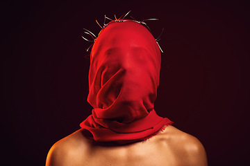 Image showing Red fabric, creative aesthetic and religion in a studio with a face covering model for luxury clothing. Glamour, religious crown of thorns and a woman with god respect wearing vintage or silk apparel