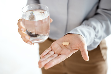 Image showing Pills, water glass and woman hands for mental health, depression or medical problem in pharmaceutical industry. Medicine, tablet or healthcare drugs of person anxiety, headache and stress management