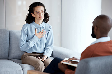 Image showing Conversation, sad and woman with a psychologist for therapy, trauma and mental health support. Consultation, psychology and patient talking to a black man during counseling about a life problem