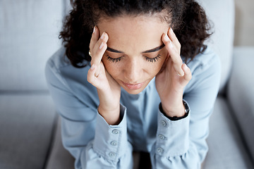 Image showing Stress, headache and woman at psychology for mental health, grief or depression counseling. Frustration, anxiety and sad stressed female patient sitting on sofa with migraine at psychotherapy session