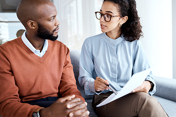 Image showing Contract, health agreement and man with black woman explain paperwork, medical insurance and legal document. Discussion, doctor in psychology and patient in consultation, sign terms and conditions