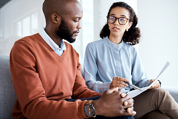 Image showing Contract, healthcare agreement and black man with woman explain paperwork, health insurance and legal document. Discussion, doctor in psychology and patient in consultation, sign terms and conditions