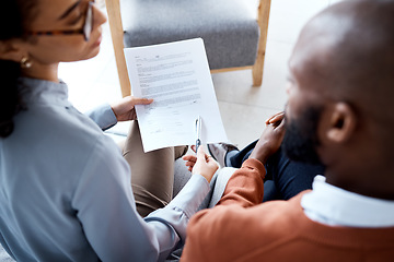 Image showing Document, medical agreement and black man with woman sign paperwork, health insurance and legal contract. Communication, doctor in psychology and patient, consultation to explain terms and conditions