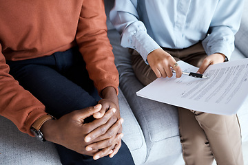 Image showing Contract, medical agreement and hands with people, explain paperwork with health insurance and legal document. Discussion, doctor in psychology and patient in consultation, sign terms and conditions