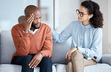 Image showing Therapy, counselling and mental health support for black man patient on psychologist couch. Person talking to woman therapist about psychology, anxiety and depression or stress for help or support