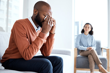 Image showing Crying, depression and black man for psychologist help, support and services of patient mental health. Counseling, psychology and USA therapy, therapist woman consulting client depressed, sad or fear