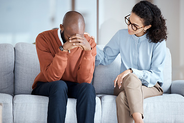 Image showing Sad, depression and black man with psychologist help, support and empathy for mental health crying. Counseling, psychology and USA professional woman consulting depressed patient or client problem