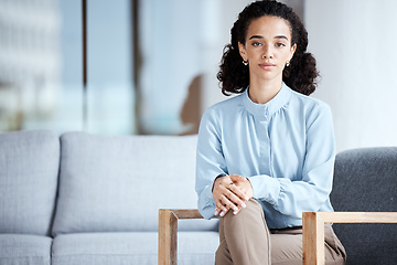 Image showing Portrait, mockup and mental health with a black woman psychologist sitting in her office for therapy. Consultant, psychology and mock up with a female therapist ready to help during counseling