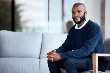 Image showing Employee, portrait and confident black man at work, job or modern workplace in a waiting room for interview at office building. Portrait, businessman and African American worker with positive mindset