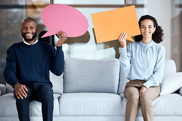 Image showing Marriage counseling, session or speech bubble with a married couple on a sofa in a psychologist office for talking. Portrait, communication or psychology with a man and woman holding empty copy space