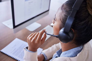 Image showing Woman, call center and computer in telemarketing or desktop support for communication at office. Female consultant or agent with headset mic for online advice or consulting assistance at workplace