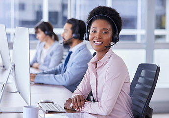 Image showing Black woman, call center and portrait smile in contact us for telemarketing, customer support or service at the office. Happy African American female consultant smiling with headset for online advice