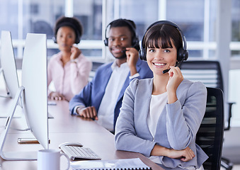 Image showing People, call center and portrait smile for telemarketing, customer support or service at the office. Group of consultants smiling with headset in CRM agency for online advice or help in contact us