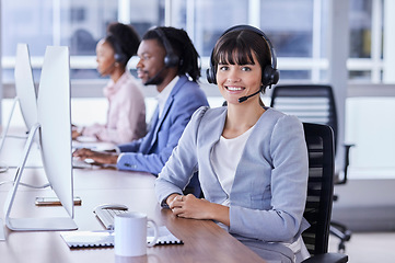 Image showing Woman, call center and portrait smile for telemarketing, customer support or service at the office. Happy female consultant smiling with headset in CRM agency for online advice or help in contact us