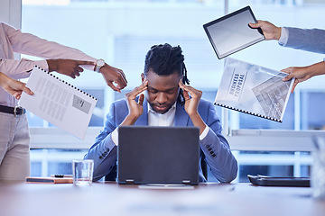 Image showing Headache, stress and businessman with hands of group for multitasking, deadline or chaos in office. Overwhelmed, burnout and corporate employee suffering pressure for team, report or compliance blame