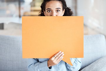 Image showing Black woman, speech bubble and space for opinion, idea or advice for therapy, mental health and helping hand. Psychology expert portrait, sofa and poster for mockup, communication and support at job