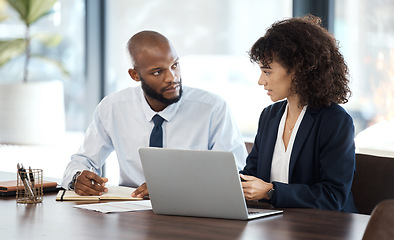 Image showing Executive planning, black people and meeting with laptop, collaboration and strategy review in office. Financial advisor, investment management and corporate teamwork for feedback of business ideas