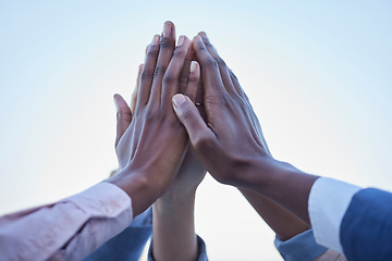 Image showing People, hands and high five for community, unity or team agreement in trust, support and collaboration. Hand of group in teamwork, motivation or coordination for winning or partnership in solidarity