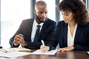 Image showing Documents, business and black people writing notes for accounting strategy, planning and company portfolio review. Teamwork, financial advisor and analysis of contract, investment or legal consulting