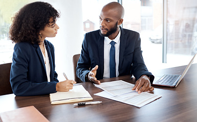 Image showing Business, planning and black people meeting with documents, report and contract review in office. Financial advisor, investment management and corporate teamwork for feedback, b2b ideas and strategy