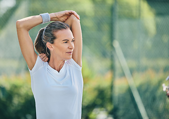 Image showing Tennis, mock up and stretching with a sports woman on a court for a warm up before her competitive game. Sport, fitness and training with a senior female athlete getting ready for a practice match