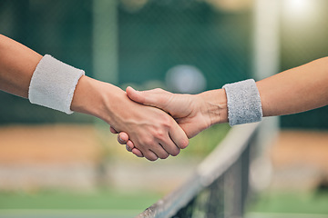 Image showing Hand, tennis and handshake for partnership, unity or greeting in sportsmanship at the outdoor court. Players shaking hands before sports game, match or trust for deal or agreement in solidarity