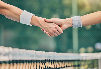 Image showing Hand, tennis and handshake for partnership, trust or greeting in sportsmanship over net on the court. Players shaking hands before sports game, match or unity for deal or agreement in solidarity