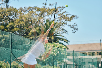 Image showing Tennis court, woman and sports outdoor for fitness, exercise and training with action overlay. Model person at club for performance, workout and energy for competition or game for health and wellness