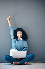 Image showing Excited, success and woman reading on a laptop, email celebration and happy about a notification. Wow, wall and employee with a surprise on the web, promotion and announcement on a pc with mockup