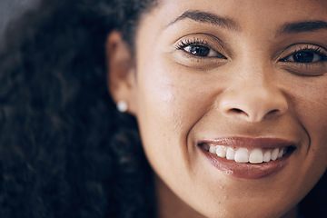 Image showing Face, black woman and smile in portrait, success and positive mindset with vision and motivation in Kenya. Growth, development and beauty with confidence and happy African female with mockup space