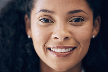 Image showing Corporate black woman, smile and headshot portrait for vision, motivation and success at public relations agency. African PR executive, happy and focus with goals, mission and small business owner