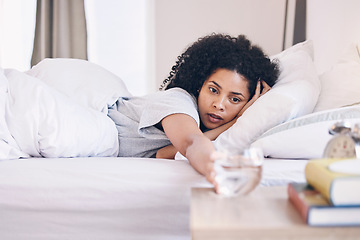 Image showing Health, black woman in bed and wake up with water, tired and fatigue with burnout, overworked and sleepy. African American female, girl and in bedroom with aqua, illness and wellness in the morning