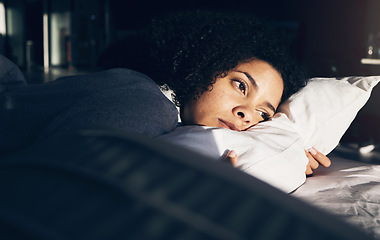 Image showing Anxiety, depression and woman in bed with insomnia, thinking and trying to sleep while sick. Morning, sunrise and sad and depressed girl with stress, mental health problem and fatigue in bedroom