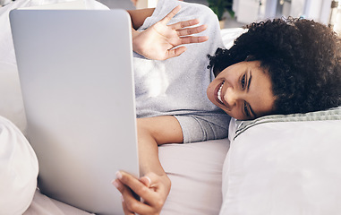 Image showing Video call, laptop and woman wave in bed in bedroom for online chat in the morning. Technology, communication and black female waving on virtual conference while talking to contact with computer.