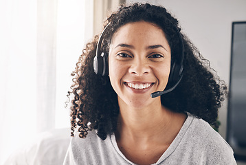 Image showing Portrait, remote work or happy black woman in call center with pride helping, talking or networking online. Face, consulting or insurance agent in communication at customer services or sales at home