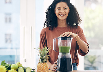 Image showing Blender, smoothie and portrait of black woman for green diet, detox and healthy breakfast fruits in kitchen. Vegetables, food and person nutritionist with natural drink, protein shake or vegan juice