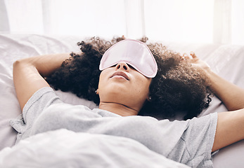 Image showing Black woman, sleeping mask and bed in morning for peace, quiet and relax in home bedroom. Person on pillow to dream for calm sleep with insomnia or fatigue therapy for health and wellness in room