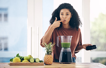 Image showing Blender, smoothie and healthy black woman taste juice for green diet, detox and breakfast fruits in kitchen. Vegetables, food and person or nutritionist with natural, protein shake or vegan drink