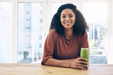 Image showing Portrait, mockup and smoothie with a black woman drinking a health beverage for a weight loss diet or nutrition. Wellness, mock up and drink with a healthy young female enjoying a fresh fruit juice