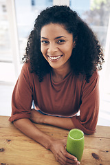 Image showing Portrait, mock up and smoothie with a black woman drinking a health beverage for a weight loss from above. Wellness, mockup and drink with a healthy young female enjoying a fruit juice for a diet